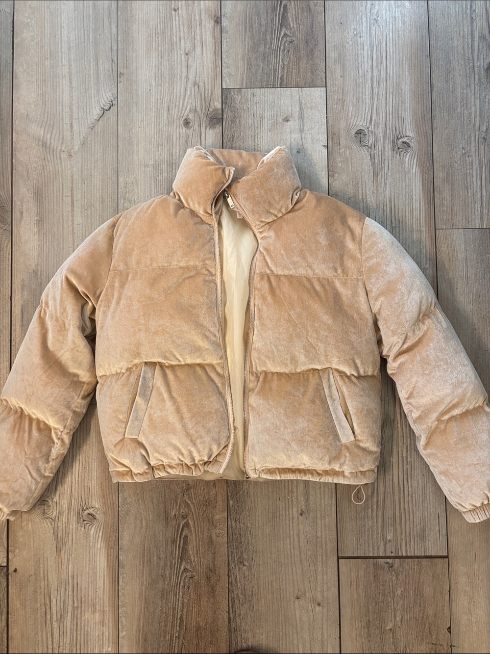 Womens Puffer Velvet Jacket in Light Beige - Cozy Winter Coat Small Camel Color